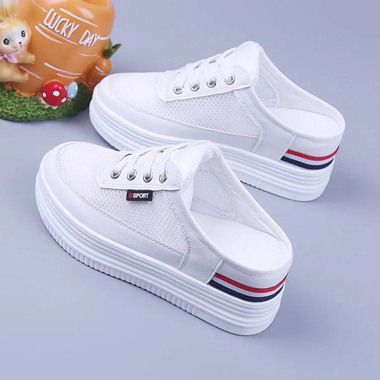 Half Slippers Women's Mesh Surface Hollowed Summer Versatile Student Bones Outdoor Breathable Closed Toe Mesh Casual Shoes White