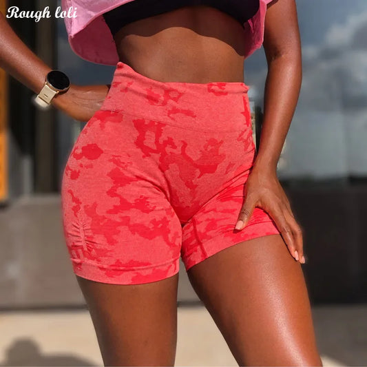 Women Adapt Camo Seamless Shorts High Waist Booty Gym Shorts Workout Short Fitness Ribbed Waisted Running Short Athletic Clothes